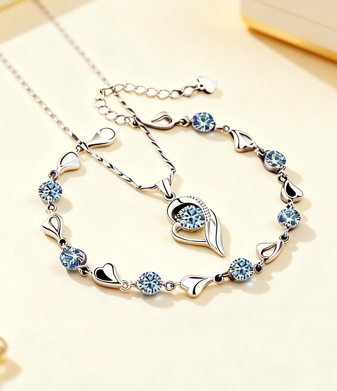 Conjunto de pulsera y collar de plata de ley 925 Corazón del Océano