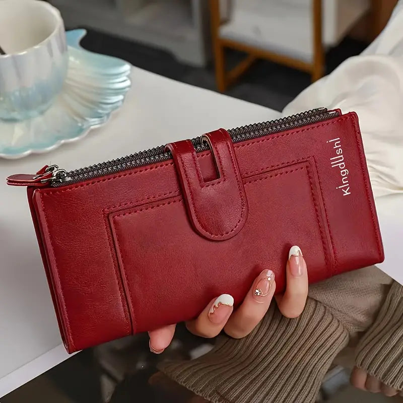 💰Cartera de mujer con doble cremallera y ranuras para múltiples tarjetas, de cuero genuino retro