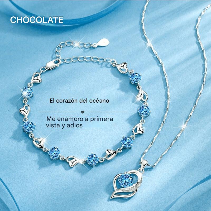 Conjunto de pulsera y collar de plata de ley 925 Corazón del Océano