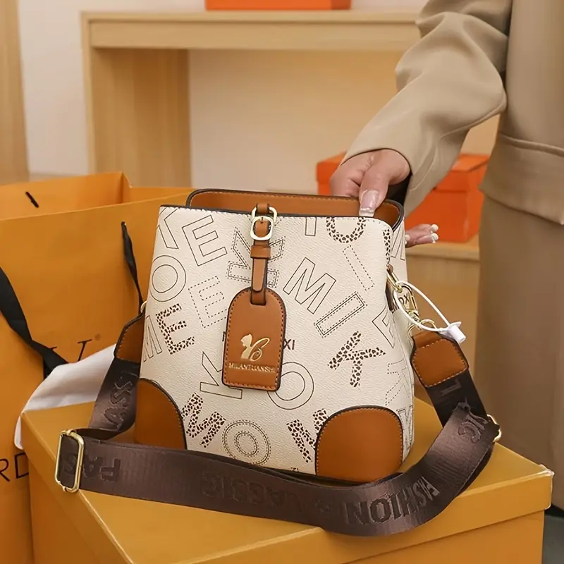 👜2026 nuevo bolso tipo cubo con letras retro,Cuero genuino de alta calidad