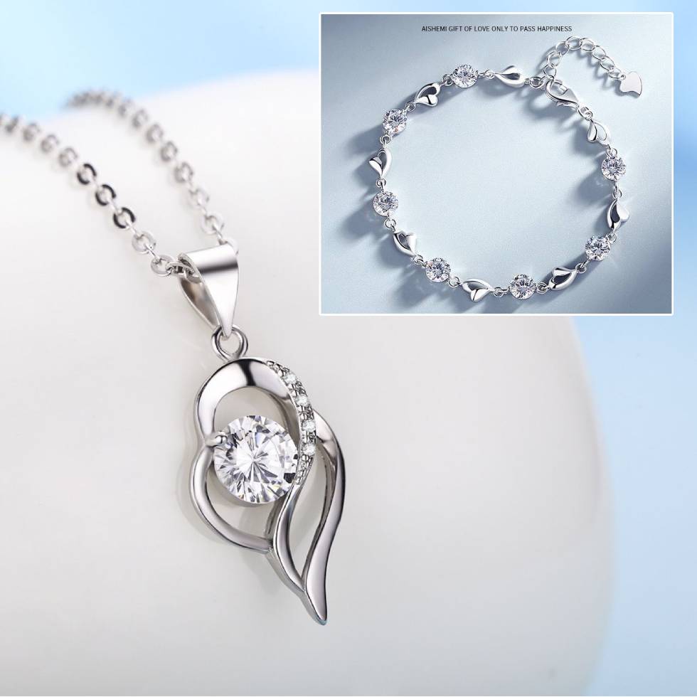 Conjunto de pulsera y collar de plata de ley 925 Corazón del Océano