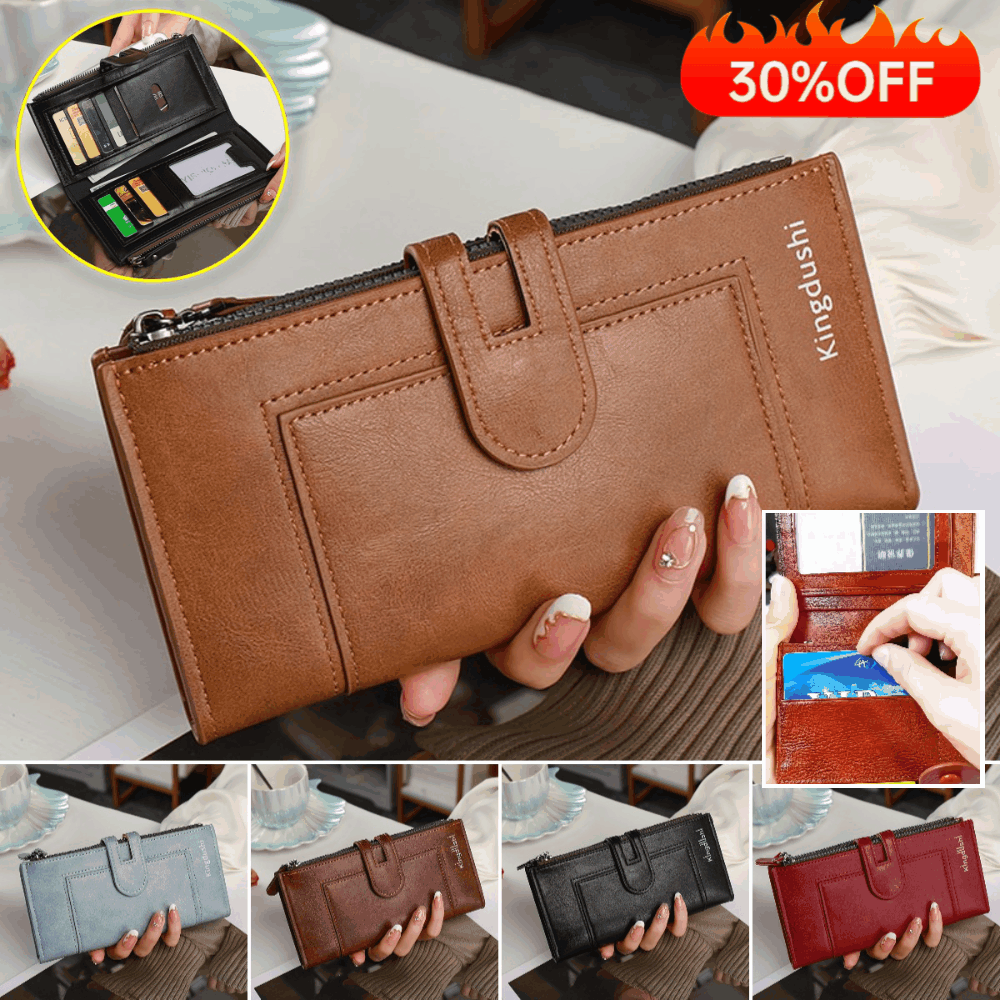 💰Cartera de mujer con doble cremallera y ranuras para múltiples tarjetas, de cuero genuino retro