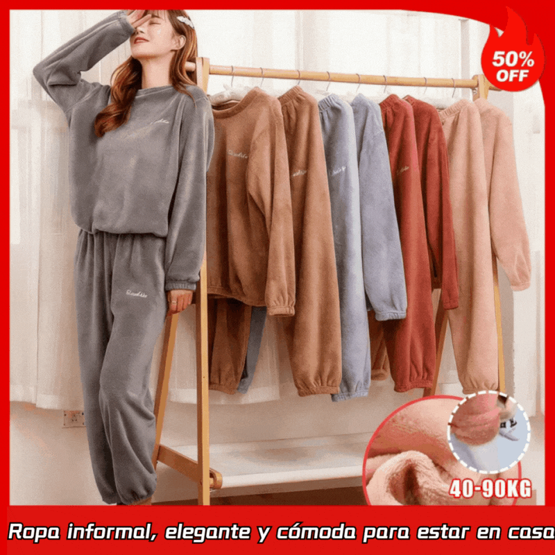 🔥【Conjunto cálido de felpa 40-90kg】🔥Pijama de invierno de coral fleece forrada y engrosada, ropa de estar en casa casual, de moda y cómoda
