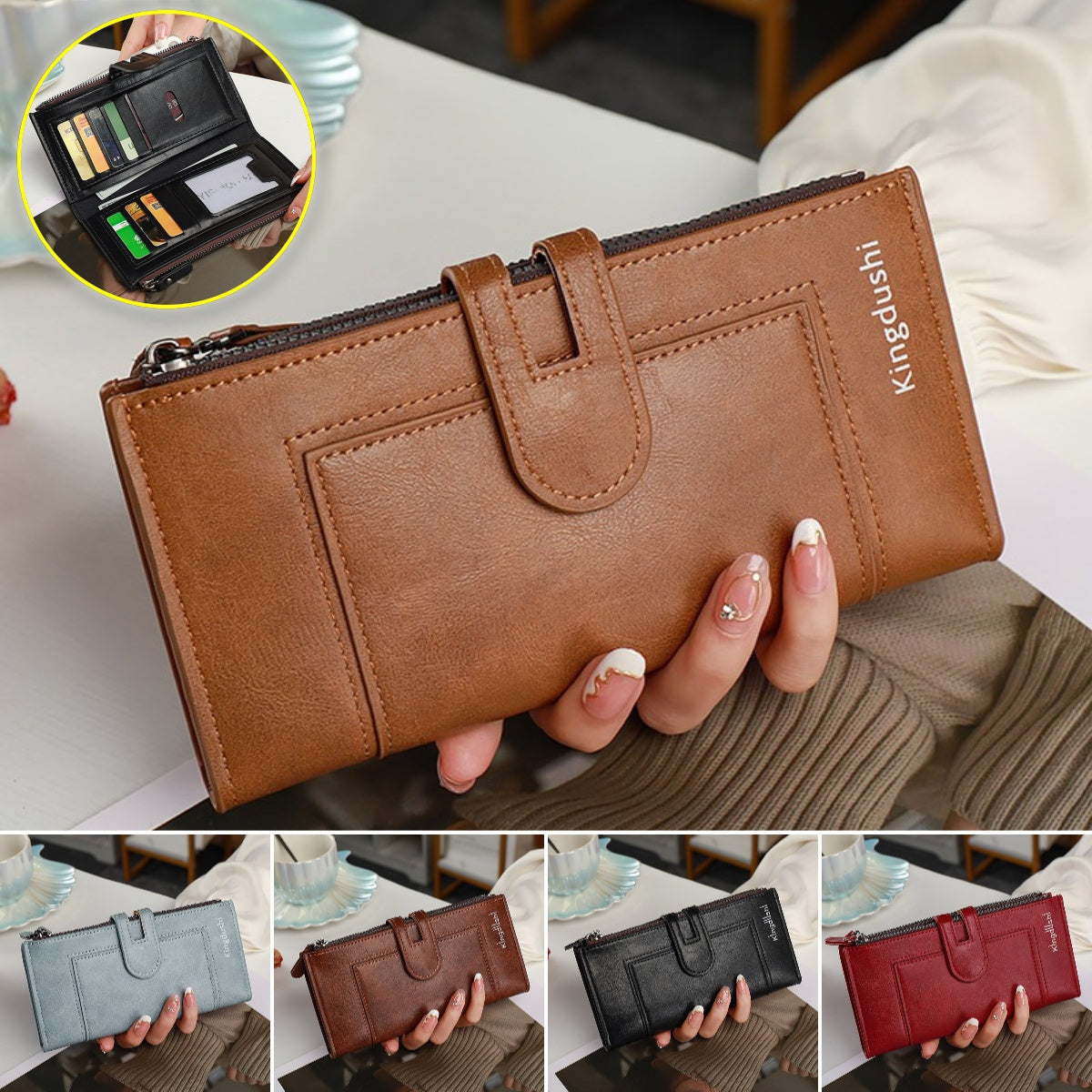 💰Cartera vintage de piel auténtica con doble cremallera y ranura para múltiples tarjetas para mujer