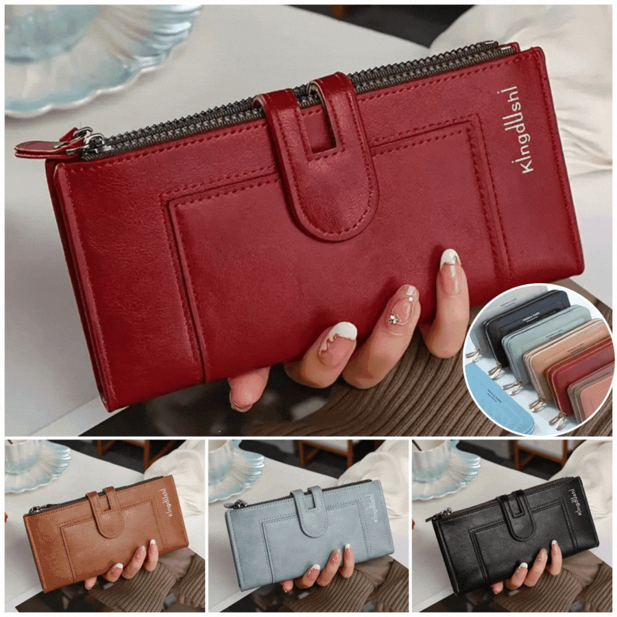 💰Cartera de mujer con doble cremallera y ranuras para múltiples tarjetas, de cuero genuino retro